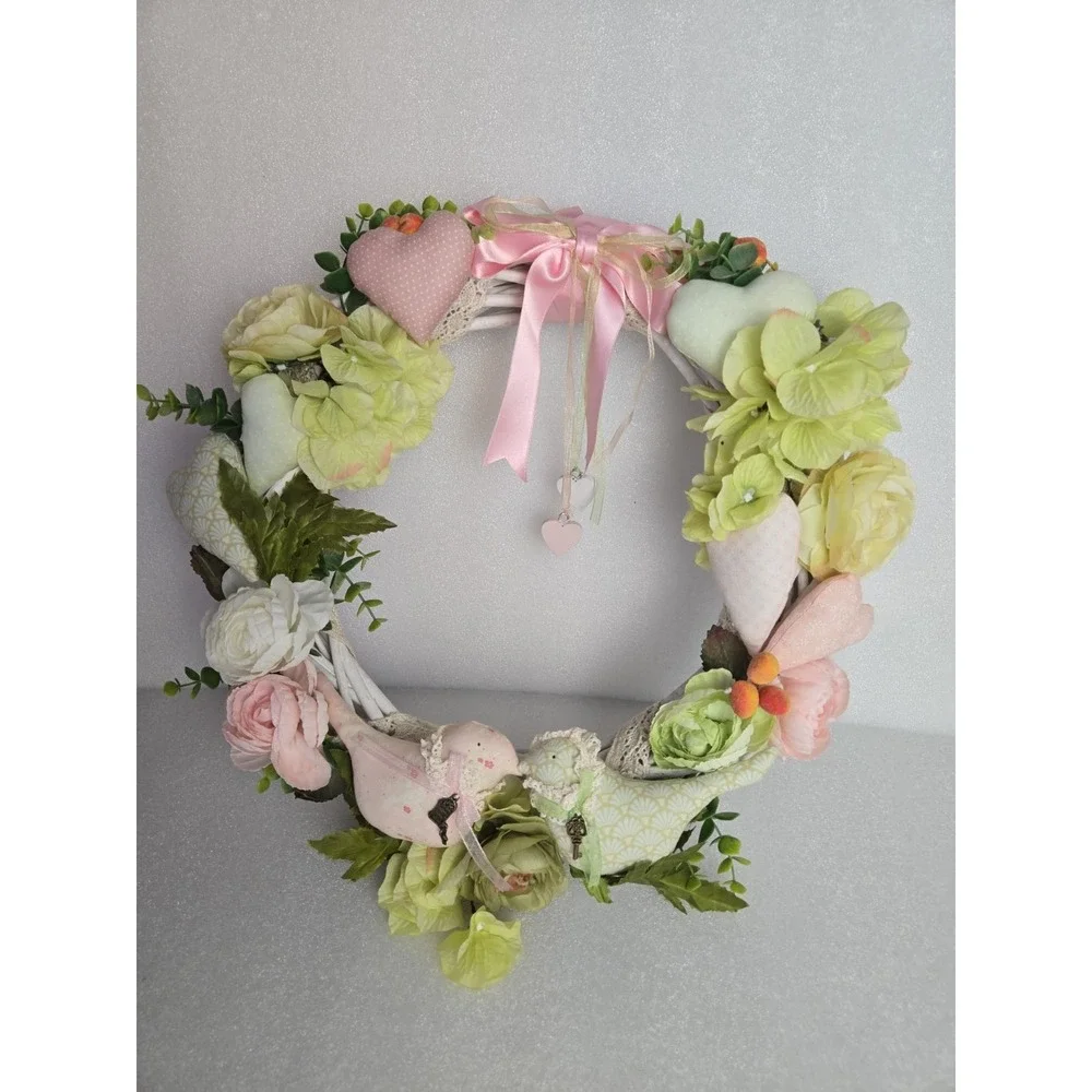 Handmade Door Wreath Love Birds Soft Pink‎ Green Spring Time Floral Wreath 15